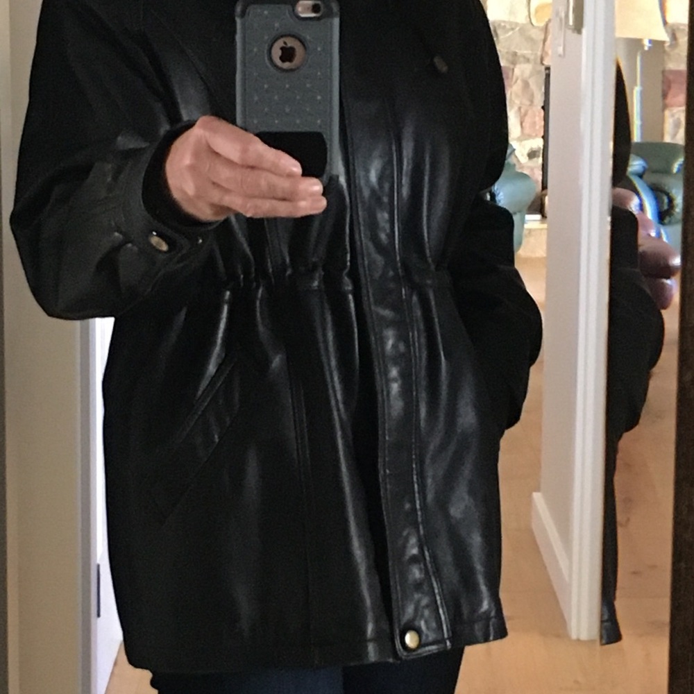 Leather winter coat with hood trimmed with real fur
